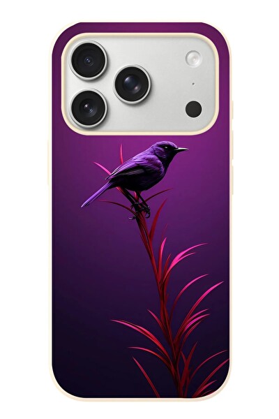 Le Balvo iPhone 17 Pro Uyumlu Mor Kuş Dalda Baskılı Silikon Kılıf