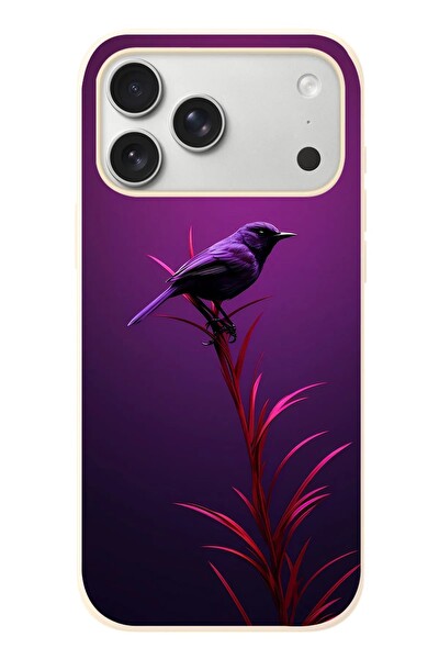 Le Balvo iPhone 17 Pro Max Uyumlu Mor Kuş Dalda Baskılı Silikon Kılıf
