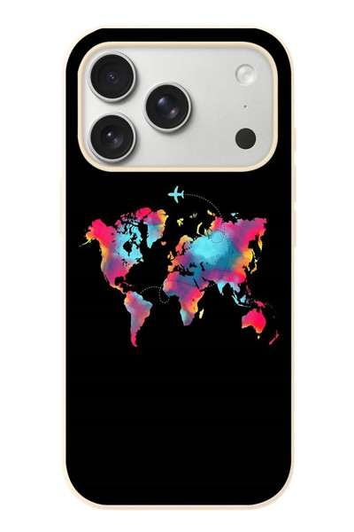 Le Balvo iPhone 17 Pro Uyumlu Dünya Renkli Haritası Baskılı Silikon Kılıf