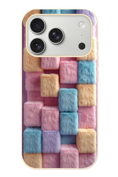 Le Balvo iPhone 17 Pro Uyumlu Pembe Tüylü Kareler Baskılı Silikon Kılıf