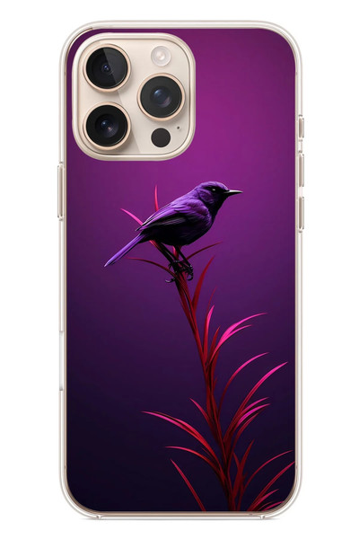 Le Balvo iPhone 16 Pro Max Uyumlu Mor Kuş Dalda Baskılı Silikon Kılıf