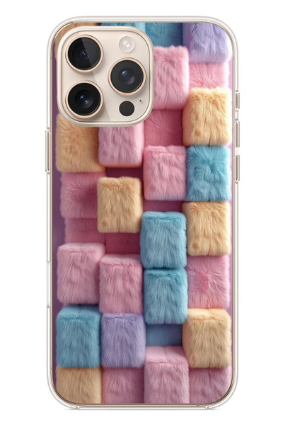 Le Balvo iPhone 16 Pro Max Uyumlu Pembe Tüylü Kareler Baskılı Silikon Kılıf