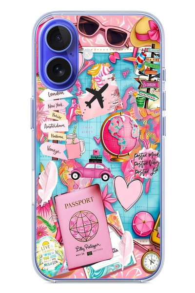 Le Balvo iPhone 16 Uyumlu Pembe Seyahat Baskılı Silikon Kılıf