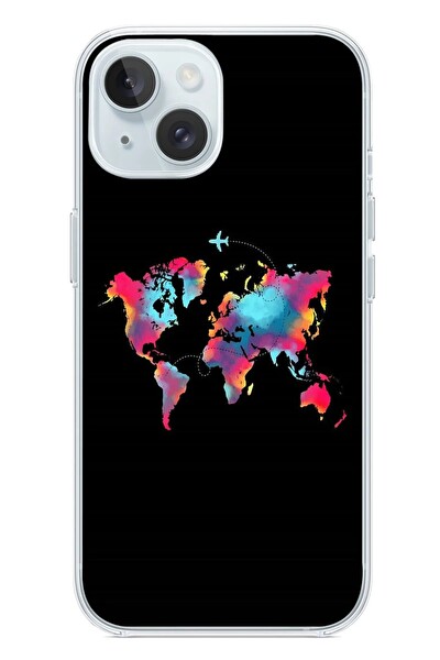Le Balvo iPhone 15 Uyumlu Dünya Renkli Haritası Baskılı Silikon Kılıf