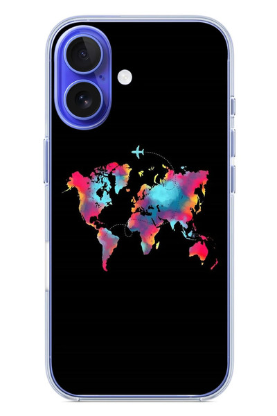 Le Balvo iPhone 16 Uyumlu Dünya Renkli Haritası Baskılı Silikon Kılıf