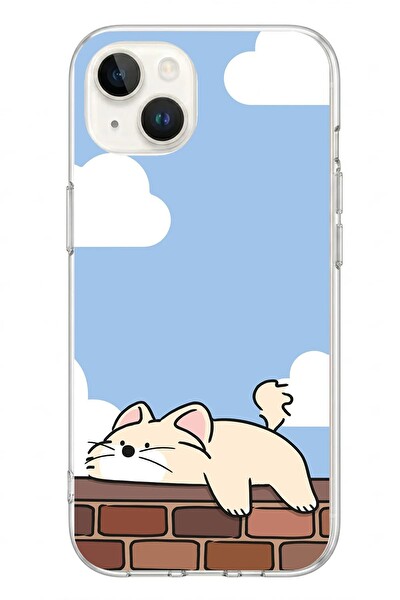 Le Balvo iPhone 13 - 14 Uyumlu Duvar Üstünde Kedi Baskılı Silikon Kılıf