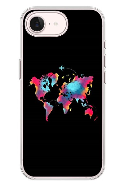 Le Balvo iPhone 17e Uyumlu Dünya Renkli Haritası Baskılı Silikon Kılıf