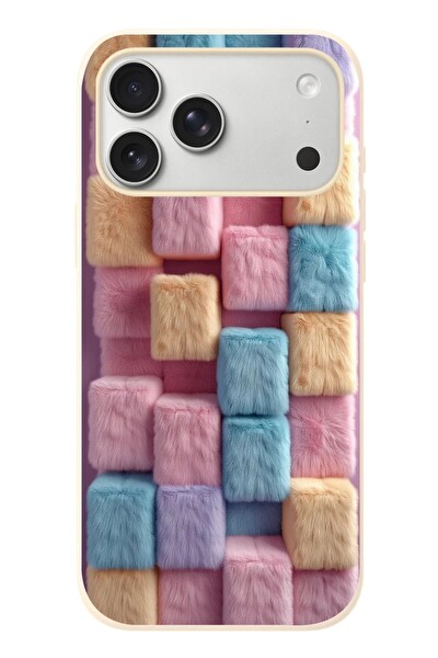 Le Balvo iPhone 17 Pro Max Uyumlu Pembe Tüylü Kareler Baskılı Silikon Kılıf