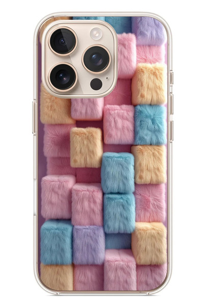 Le Balvo iPhone 16 Pro Uyumlu Pembe Tüylü Kareler Baskılı Silikon Kılıf