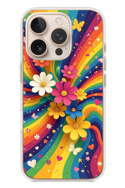 Le Balvo iPhone 16 Pro Uyumlu Renkli Gökkuşağı Çiçekleri Baskılı Silikon Kılıf