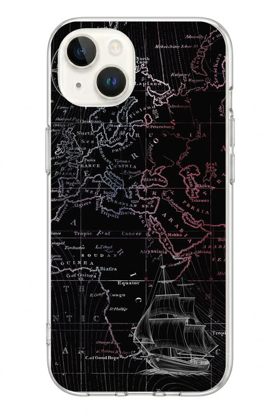 Le Balvo iPhone 13 - 14 Uyumlu Denizci Dünya Haritası Baskılı Silikon Kılıf