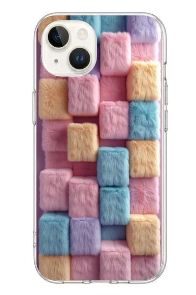 Le Balvo iPhone 13 - 14 Uyumlu Pembe Tüylü Kareler Baskılı Silikon Kılıf