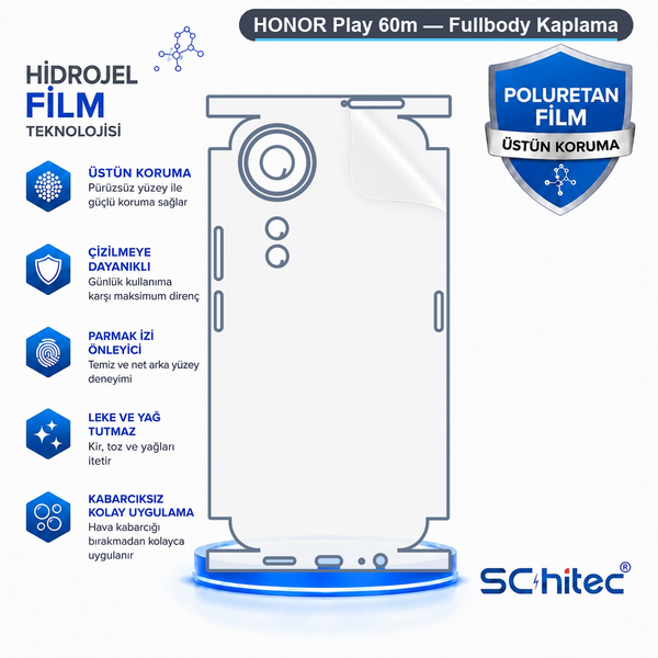 ScHitec Honor Play 60M Uyumlu Fullbody Arka Kaplama Hidrojel Koruyucu Film