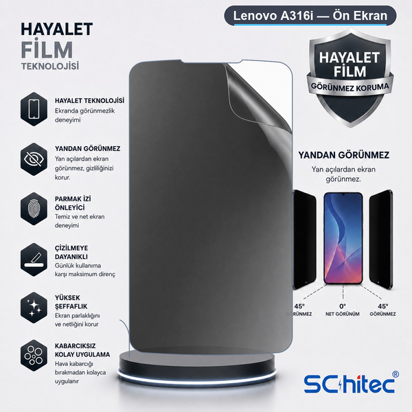 ScHitec Lenovo A316İ Uyumlu Ön Yüzey Hayalet Privacy Hidrojel Ekran Koruyucu