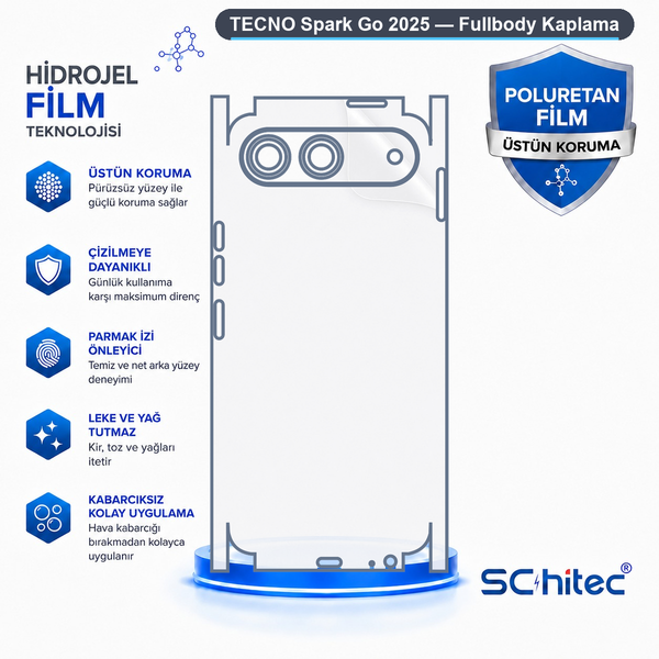 ScHitec Tecno Spark Go 2025 Uyumlu Fullbody Arka Kaplama Hidrojel Koruyucu Film