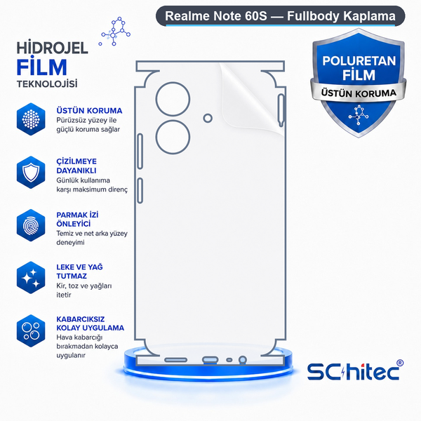 ScHitec Realme Note 60S Uyumlu Fullbody Arka Kaplama Hidrojel Koruyucu Film