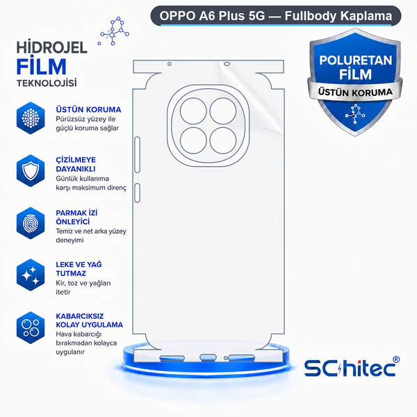 ScHitec Oppo A6 Plus 5G Uyumlu Fullbody Arka Kaplama Hidrojel Koruyucu Film