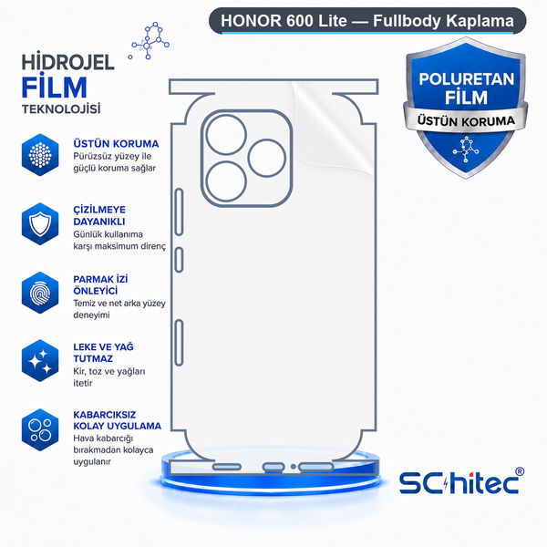 ScHitec Honor 600 Lite Uyumlu Fullbody Arka Kaplama Hidrojel Koruyucu Film
