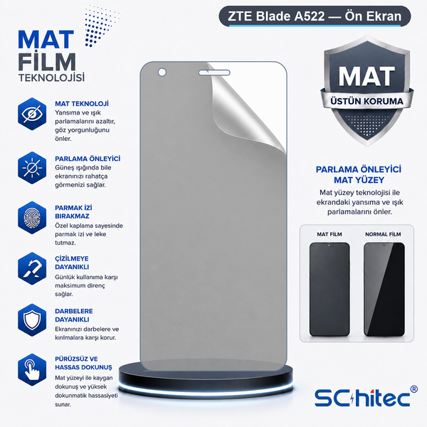 ScHitec ZTE Blade A522 Uyumlu Ön Yüzey Mat Hidrojel Ekran Koruyucu