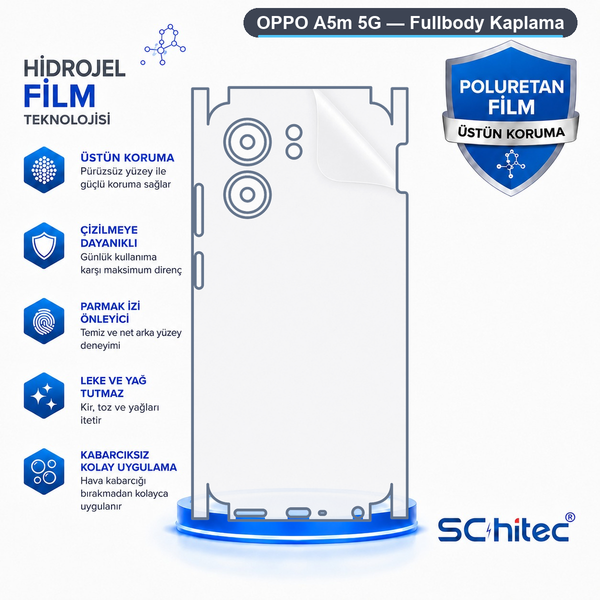ScHitec Oppo A5M 5G Uyumlu Fullbody Arka Kaplama Hidrojel Koruyucu Film