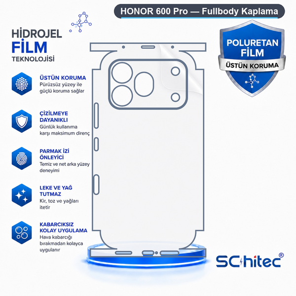 ScHitec Honor 600 Pro Uyumlu Fullbody Arka Kaplama Hidrojel Koruyucu Film