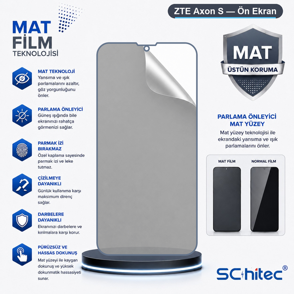 ScHitec ZTE Axon S Uyumlu Ön Yüzey Mat Hidrojel Ekran Koruyucu