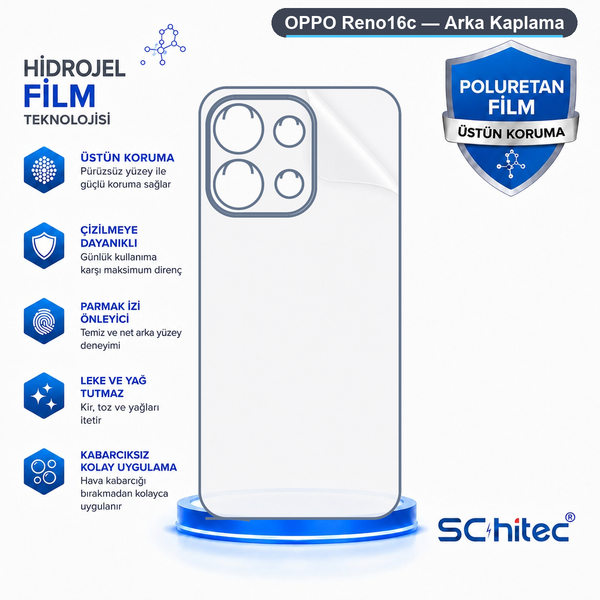 ScHitec Oppo Reno16C Uyumlu Arka Yüzey Hidrojel Koruyucu Film