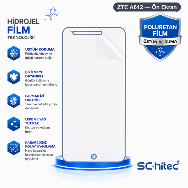 ScHitec ZTE A612 Uyumlu Ön Yüzey Nano Şeffaf Hidrojel Ekran Koruyucu