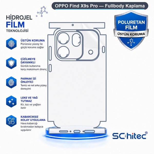 ScHitec Oppo Find X9S Pro Uyumlu Fullbody Arka Kaplama Hidrojel Koruyucu Film