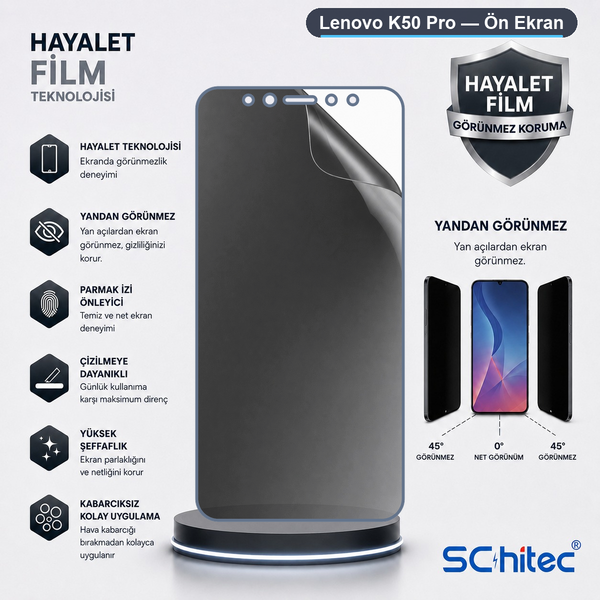 ScHitec Lenovo K50 Pro Uyumlu Ön Yüzey Hayalet Privacy Hidrojel Ekran Koruyucu