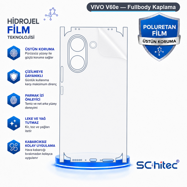 ScHitec Vivo V60E Uyumlu Fullbody Arka Kaplama Hidrojel Koruyucu Film