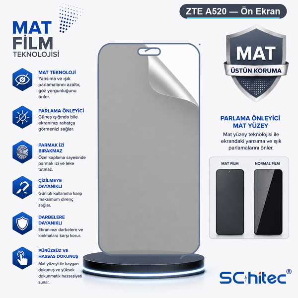 ScHitec ZTE A520 Uyumlu Ön Yüzey Mat Hidrojel Ekran Koruyucu