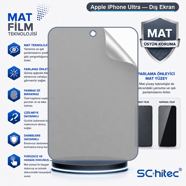 ScHitec Apple iPhone Ultra Uyumlu Dış Ekran Mat Hidrojel Ekran Koruyucu