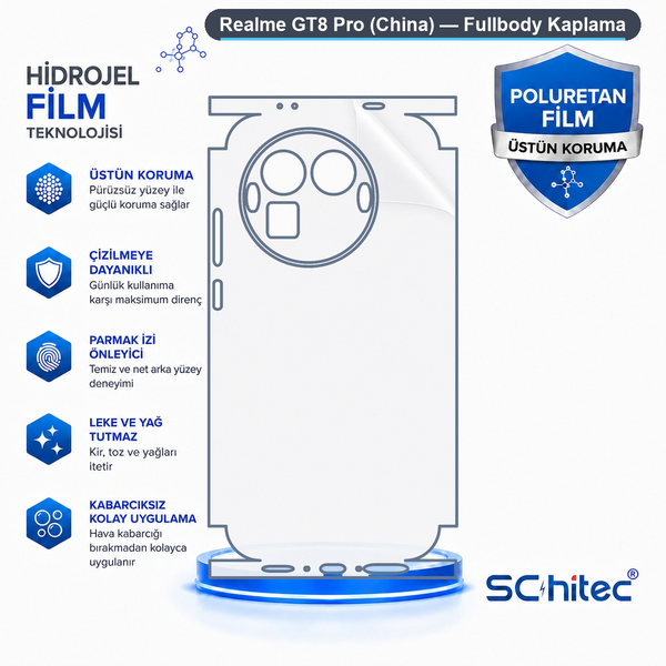 ScHitec Realme GT8 Pro (China) Uyumlu Fullbody Arka Kaplama Hidrojel Koruyucu Film
