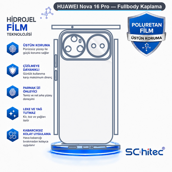 ScHitec Huawei Nova 16 Pro Uyumlu Fullbody Arka Kaplama Hidrojel Koruyucu Film