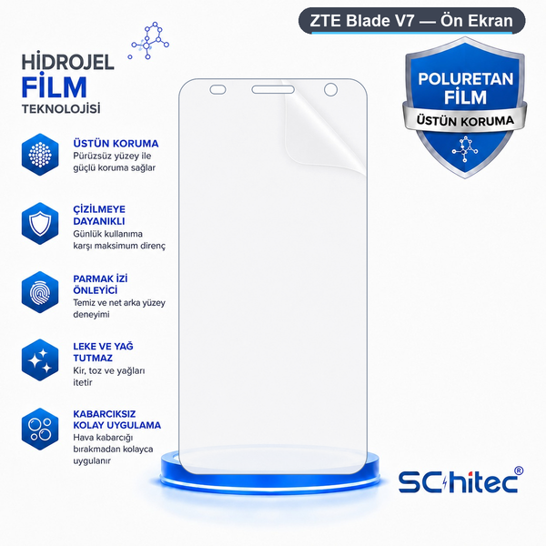 ScHitec ZTE Blade V7 Uyumlu Ön Yüzey Nano Şeffaf Hidrojel Ekran Koruyucu