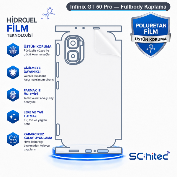 ScHitec Infinix Gt 50 Pro Uyumlu Fullbody Arka Kaplama Hidrojel Koruyucu Film