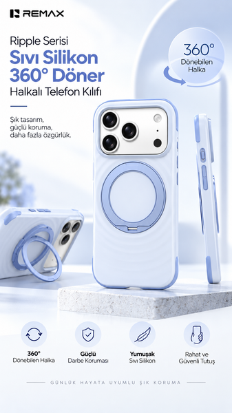 Remax RMC-5 Ripple Series 360 Derece Döner Standlı iPhone 18 Pro Uyumlu Likit Silikon Kılıf - Mavi