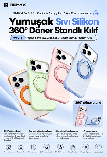 Remax RMC-5 Ripple Series 360 Derece Döner Standlı iPhone 17 Pro Uyumlu Likit Silikon Kılıf - Mavi