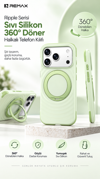 Remax RMC-5 Ripple Series 360 Derece Döner Standlı iPhone 17 Pro Uyumlu Likit Silikon Kılıf - Yeşil