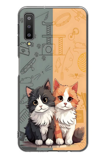 Le Balvo Samsung Galaxy A7 2018 Uyumlu Sarı ve Siyah Kedi Baskılı Silikon Kılıf