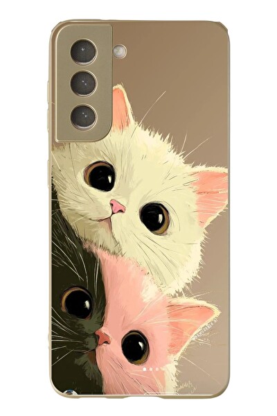 Le Balvo Samsung Galaxy S21 FE Uyumlu Pembe Siyah Beyaz Kedi Baskılı Silikon Kılıf