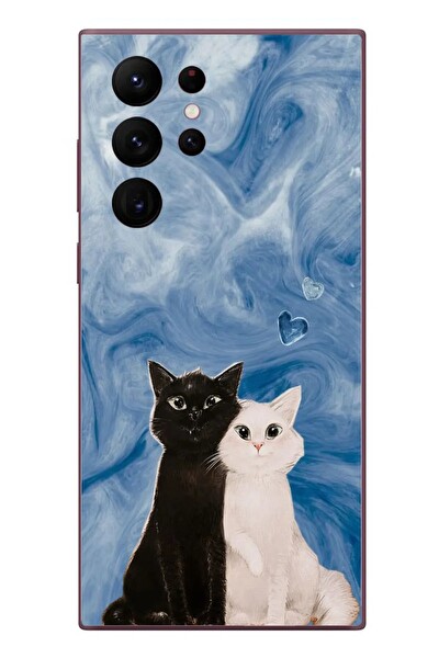 Le Balvo Samsung Galaxy S22 Ultra Uyumlu Siyah ve Beyaz Kedi Baskılı Silikon Kılıf