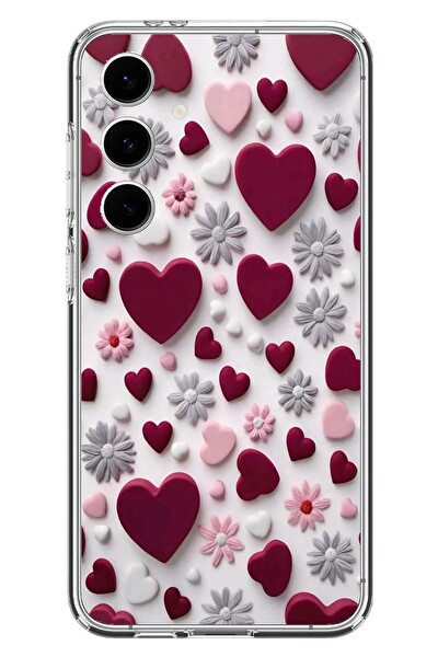 Le Balvo Samsung Galaxy S24 FE Uyumlu Kırmızı ve Pembe Kalpler Baskılı Silikon Kılıf