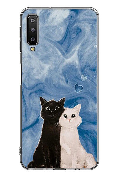Le Balvo Samsung Galaxy A7 2018 Uyumlu Siyah ve Beyaz Kedi Baskılı Silikon Kılıf
