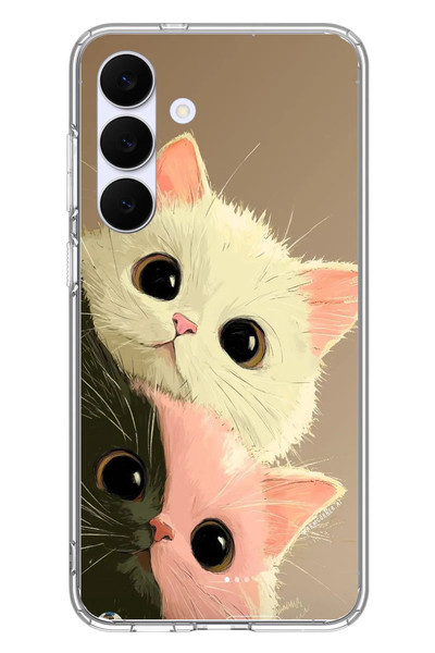 Le Balvo Samsung Galaxy S25 FE Uyumlu Pembe Siyah Beyaz Kedi Baskılı Silikon Kılıf