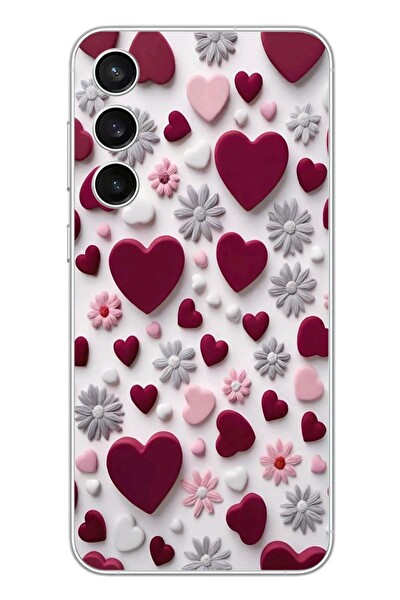 Le Balvo Samsung Galaxy S23 FE Uyumlu Kırmızı ve Pembe Kalpler Baskılı Silikon Kılıf