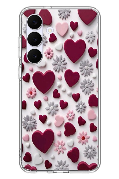 Le Balvo Samsung Galaxy S25 FE Uyumlu Kırmızı ve Pembe Kalpler Baskılı Silikon Kılıf
