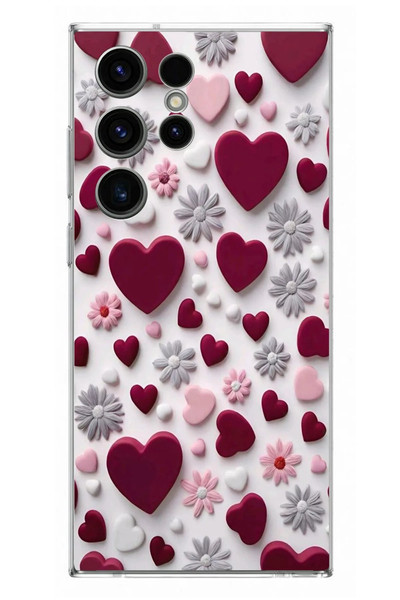 Le Balvo Samsung Galaxy S23 Ultra Uyumlu Kırmızı ve Pembe Kalpler Baskılı Silikon Kılıf