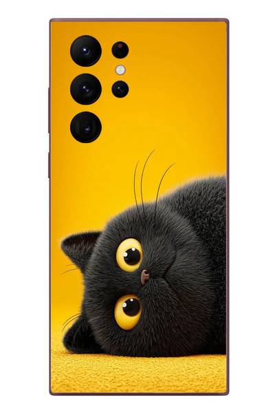Le Balvo Samsung Galaxy S22 Ultra Uyumlu Yan Bakan Siyah Kedi Baskılı Silikon Kılıf